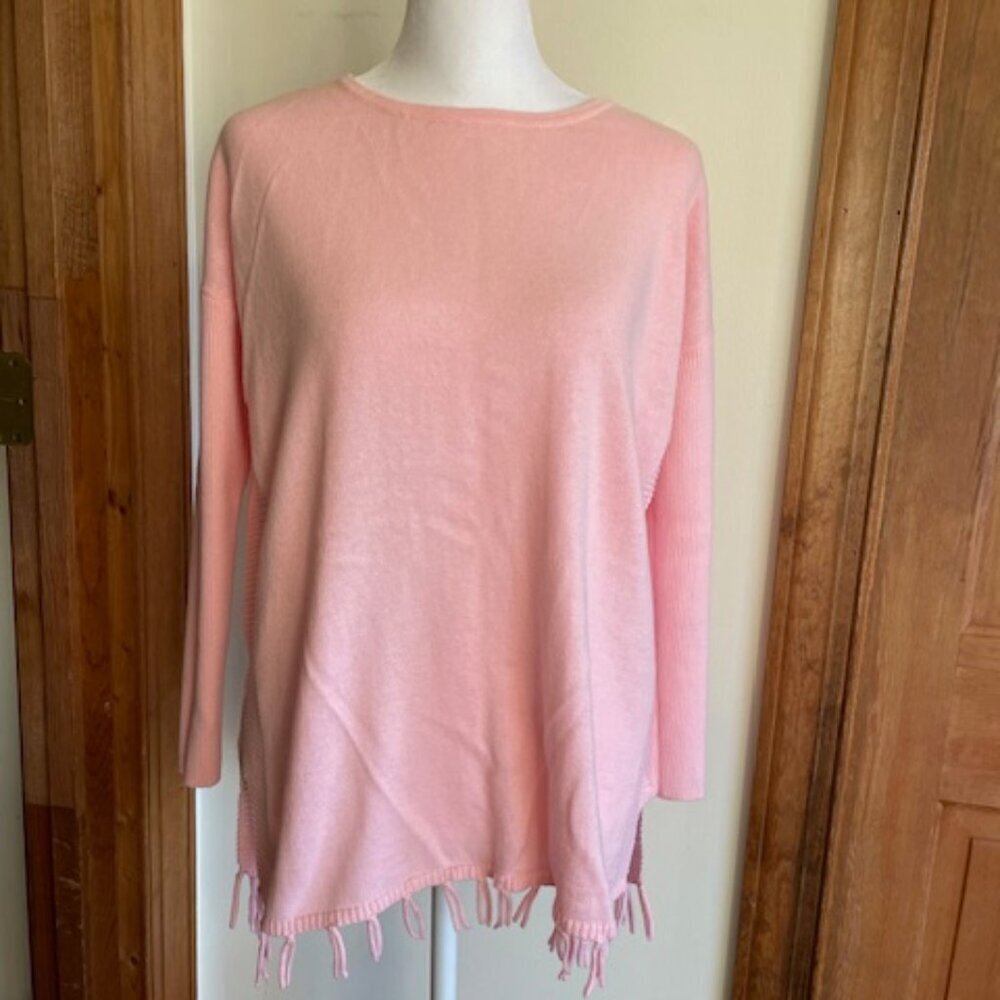 LILLY PULITZER Ribbed Fringe Pink Cotton Long Sleeve Pull On Sweater XL …